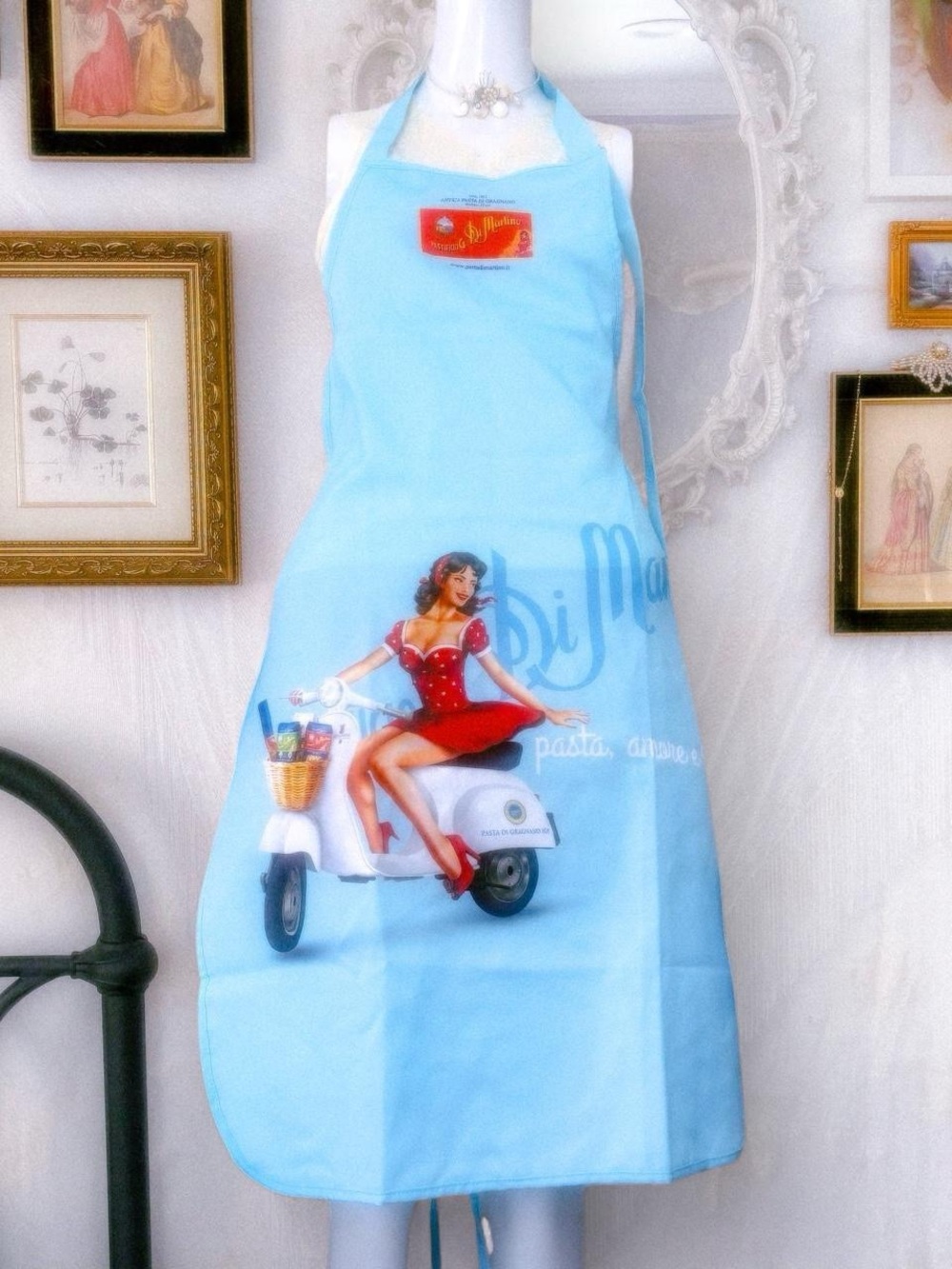 Euro pin-up girl graphic blue apron